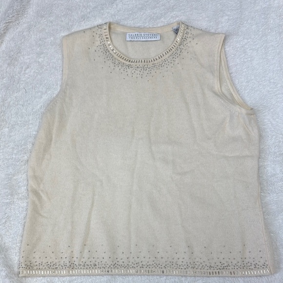 Valerie Stevens Cream Ribbed Embellished Tank Top 100% cashmere - Picture 1 of 6